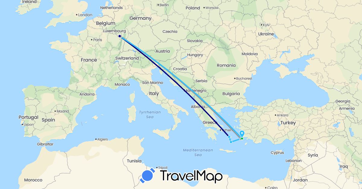 TravelMap itinerary: driving, bus, plane, boat in Germany, Greece (Europe)